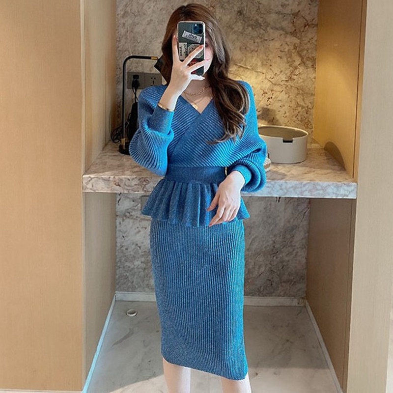 

ZAWFL Autumn Women Shiny Knitting Skirts Sets Lurex Ruffles Long Sleeve Sweater Tops+High Waist Bodycon Skirt Two Pieces Set 210525, Royal blue