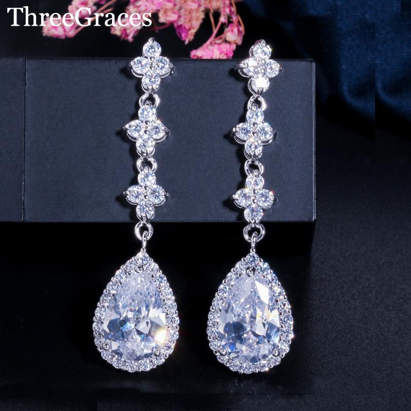

Dangle & Chandelier ThreeGraces Fashion Brand Cubic Zirconia Jewelry White Gold Color Long CZ Crystal Drop Earrings For Women Party ER071, Silver