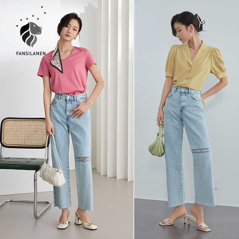 

FANSILANEN Office Lady100% Cotton Light-Color Ripped Jeans Women Summer Straight Loose Casual High-waisted Pants 210607, Sky blue
