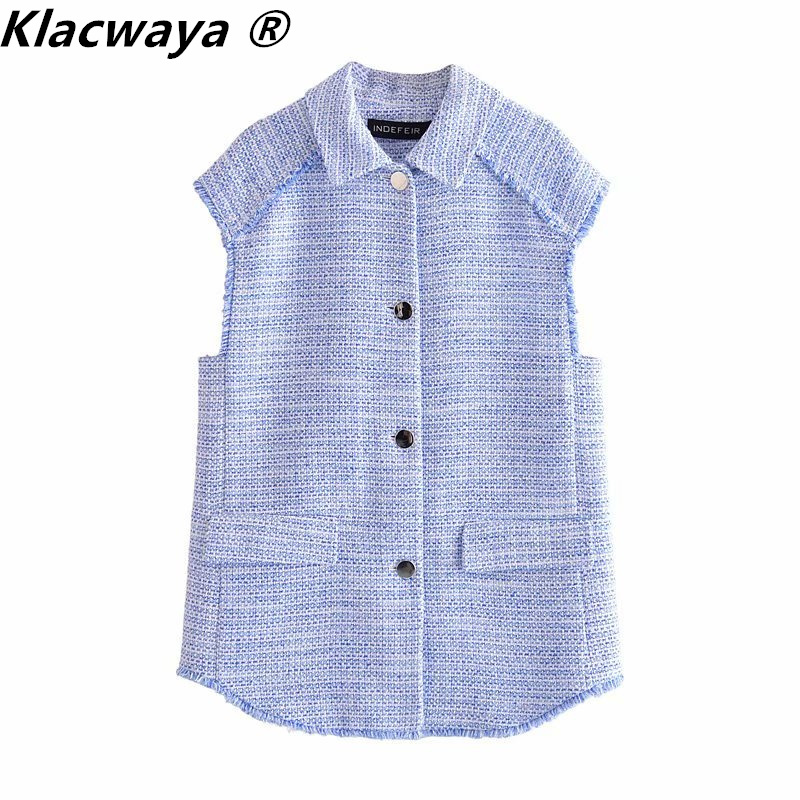 

Women Textured Gilets Summer Fashion Raw Cut Edge Sleeveless Single Breasted Vest Casual Long Tops Outerwear Female 210521, Blue