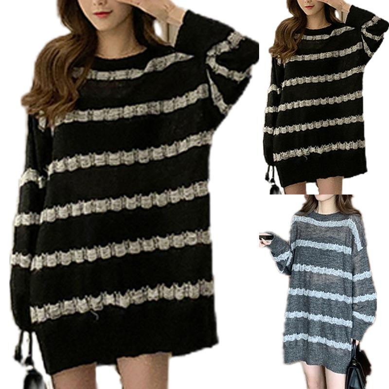 

Women's Sweaters Stripe Jumper Long Women Crew Neck Knitted Sweater Autumn Fall Loose Cover Up Pullover Tops Casual Baggy Sleeve, White;black