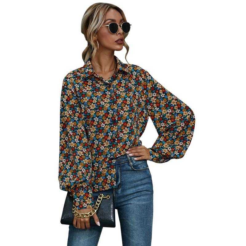 

Summer Floral Blouse Womens Casual Fashion Turn-down Collar Long Sleeve Elegant Ladies Shirt Plus Size Loose Tops And Blouses 210608