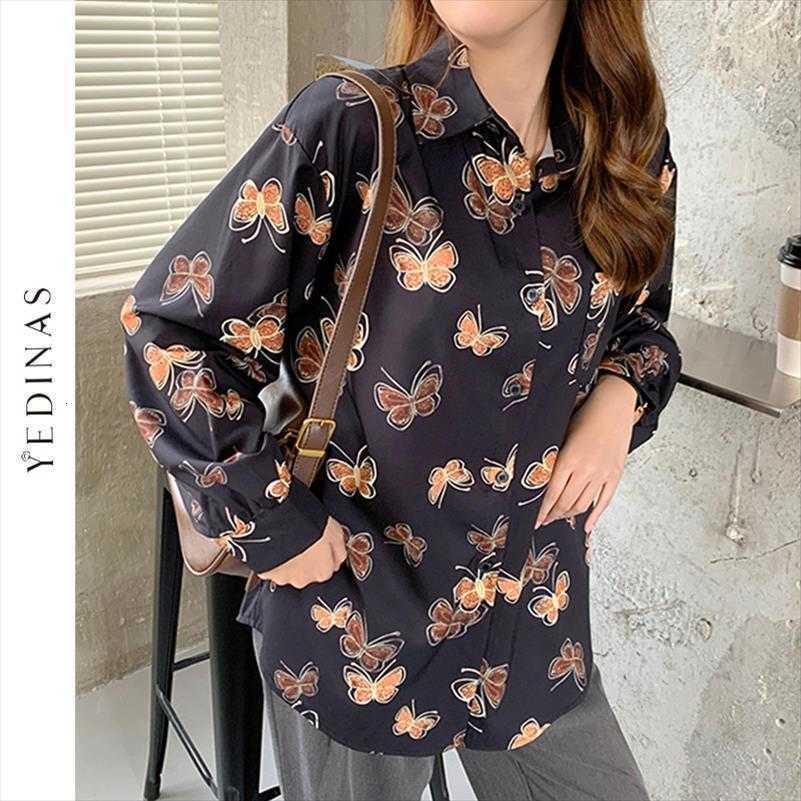 

yedinas za vintage korean style womens blouses long sleeve butterfly print, White