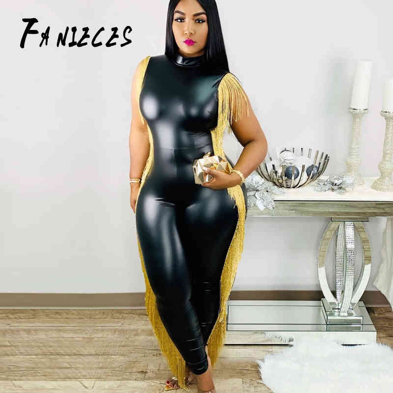 

Tassels Solid black Skinny Jumpsuits High Quality PU Leather Sleeveless Stand Neck Nightclub Party Tight Romper drop 210520, Beige