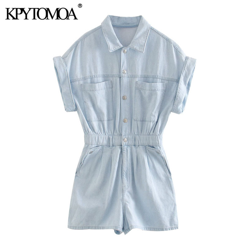 

KPYTOMOA Women 2021 Chic Fashion Pockets Denim Playsuits Vintage Turn-up Sleeves Elastic Waist Female Short Jumpsuits Mujer, Default color