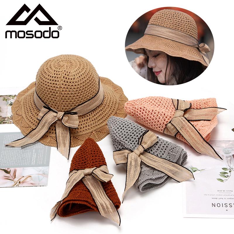 

Spring And Summer Sunscreen Sun Hat Knitted Kat Hollow Ribbon Basin Ladies Foldable Beach Wide Brim Hats, Blue;gray