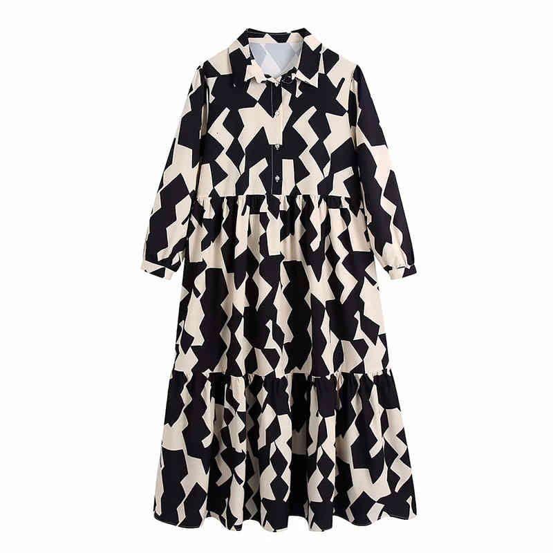 

Za Women Loose Black Printed Derss Autumn Dress Lapel Long Sleeve Mid-calf Dresses Female, Black;gray