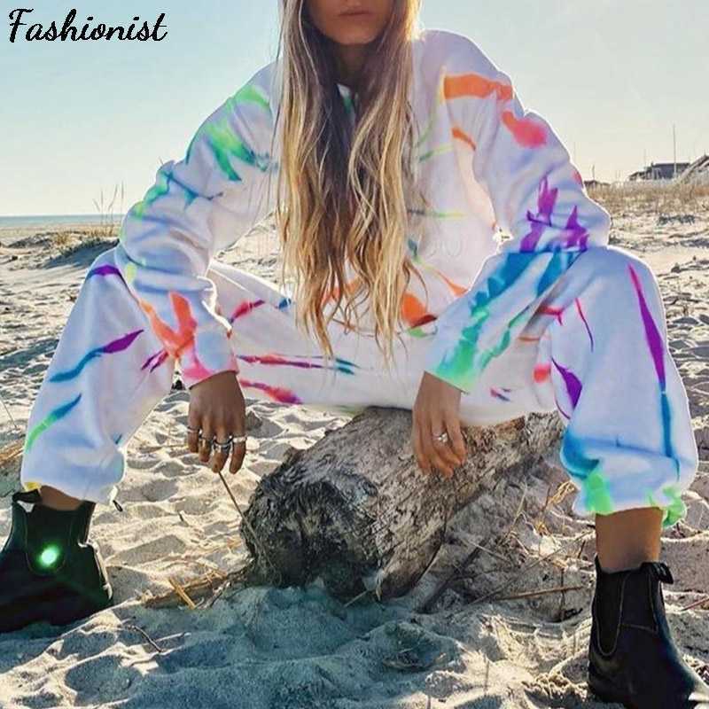 

Femme Hoodies Sweatshirt Tie Dye Loose Two Piece Set Pants Lounge Wear Women Tracksuit Blue Outfits Winter Chandal Autumn Mujer 210709, 05