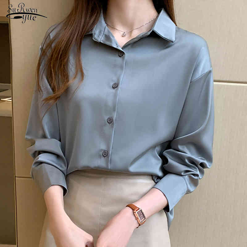 

Spring Long Sleeve Women's Blouse Solid Color Bottoming Shirt Woman Loose Polo Chiffon Shirts Tunic Blusas Mujer 12656 210521, Gray-green