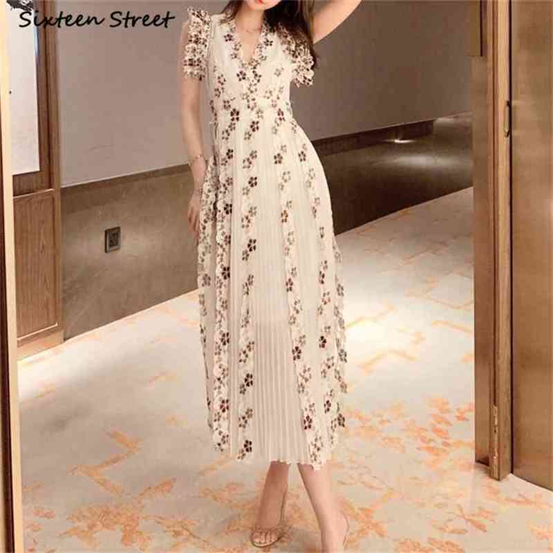 

Elegant V-neck Embroidery Dresses Woman Summer Short-sleeve Maxi Pleated Bodycon Vintage Party Long Clothing 210603, Camel