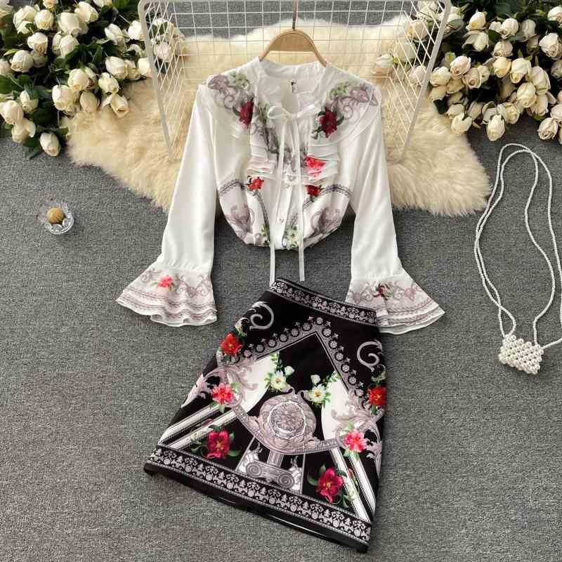 

Ladies temperament suit sweet trumpet sleeve shirt female niche print skirt two-piece 210525, Milky