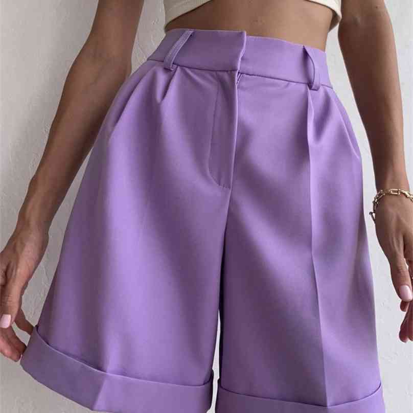 

JRYYT Loose Solid Straight Shorts Women Casual High Waist Knee Length with Pocket Female Zipper Ladies Harajuku 210719, Dk21310-purple