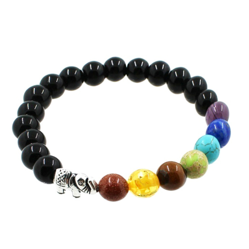 

8mm Natural Stone Beads 7 Chakra Healing Balance Elephant Bracelet Yoga Reiki Prayer Bangles Gifts for Men Women, Black