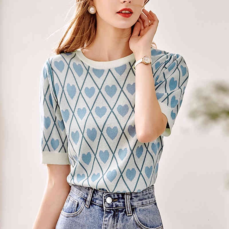 

Women's T-Shirt Summer Tops Plaid Knitted Loving T Women O-Neck Short Sleeve Knit Tee Casual Striped Woman Tshirts Ropa Mujer ZRK, Photo color