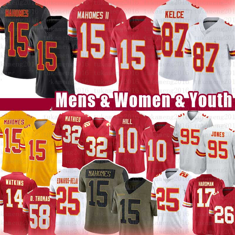 

15 Patrick Mahomes Football Jersey 87 Travis Kelce Tyreek Hill Tyrann Mathieu Chris Jones Edwards-Helaire Daniel Sorensen Hardman 'Jarius Sneed Tony Gonzalez Okoye, Black