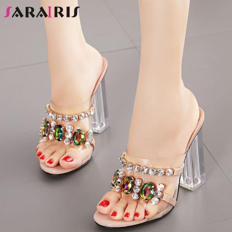 

Slippers SARAIRIS Ladies High Chunky Heels Mules Fashion Summer Crystal Women Trendy Transparent PVC Shoes Woman, Apricot