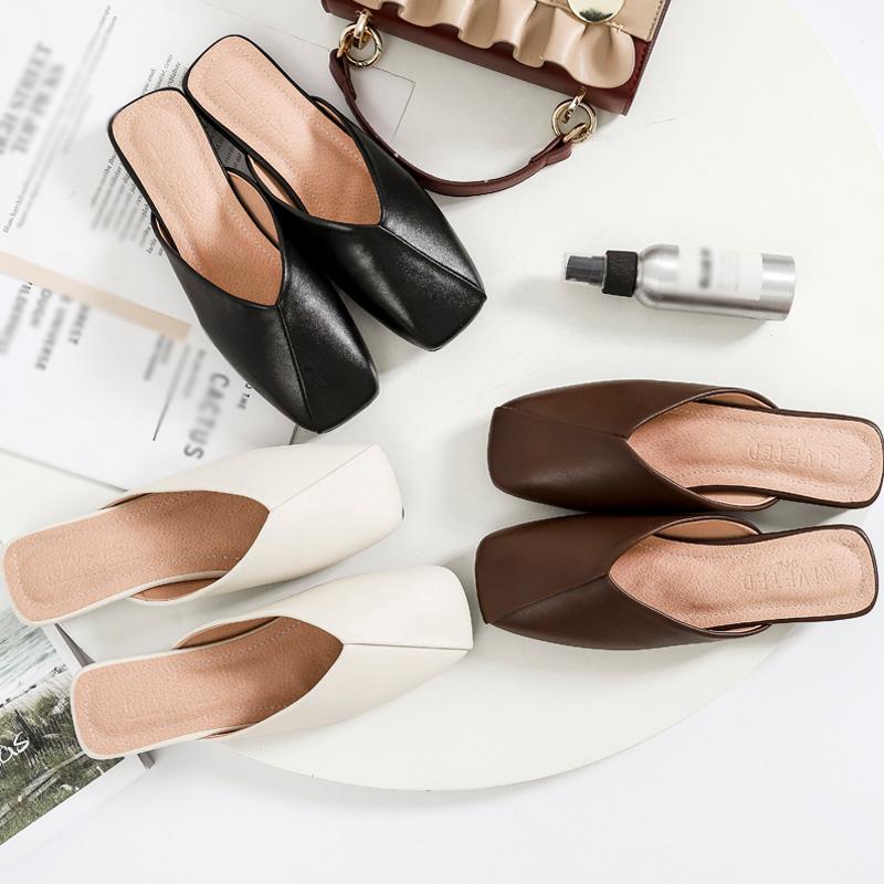 

Slippers Fashion Women Square Low Heels Woman's Shoes Solid Color Shallow Ladies Slides 2021 Summer Elegant Casual Mules, Rice white