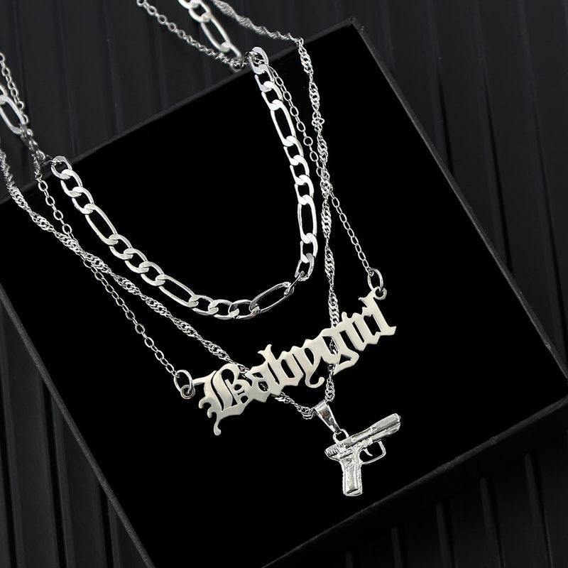 

Punk Flatfoosie Hip Hop Sier Color Pistol Pendant Women Multilayer Babygirl Letter Clavicle Chain Necklace Jewelry