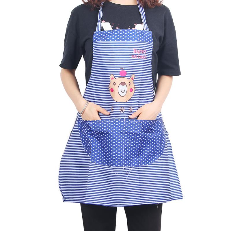 

1Pc 3 Colors Men Women Fashion Cartoon Bear Stripe Dot Apron Waterproof Chef Kitchen Cooking With Pocket Useful Aprons