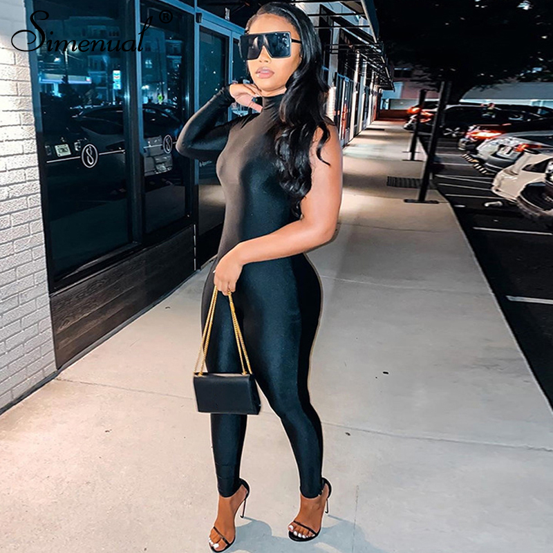 

Simenual One Shoulder Long Sleeve Casual Bodycon Rompers Womens Jumpsuit Sporty Workout Autumn Black Fashion One Piece Outfits