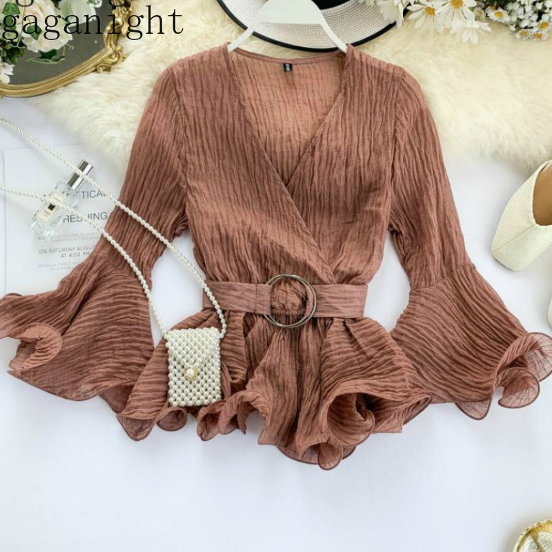 

Gaganight Fashion Ruffles Women Blouse Long Sleeve V Neck Solid Shirt Office Lady Chic Korean Chiffon Blusas Slim Blouses 210519, Pink