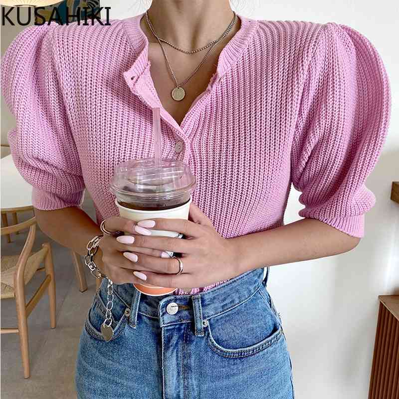 

Short Knitted Cardigan Summer Puff Sleeve O-neck Knitwear Tops Causal Single Breasted Women Sweater Coat 6F219 210603, Pink