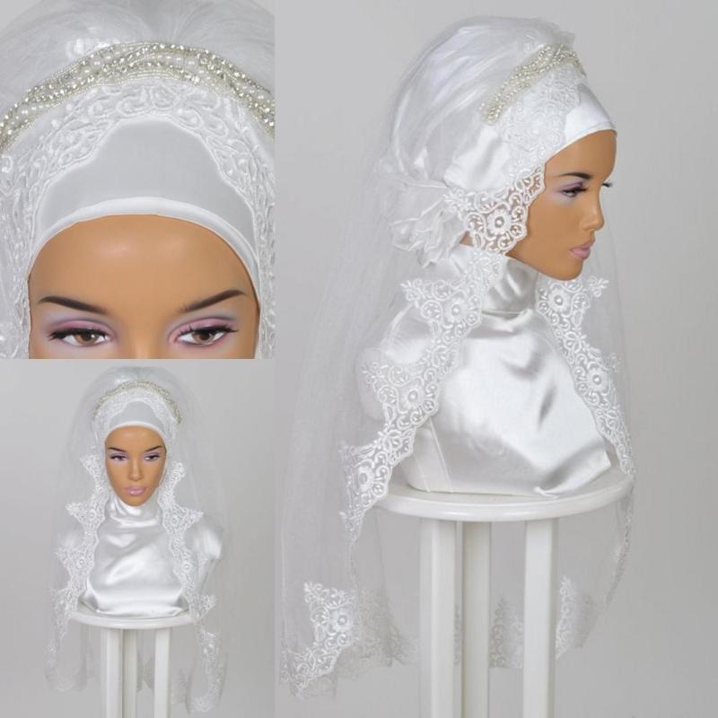 

Bridal Veils Muslim Wedding For Brides 2021 Hijab Beading Pearls Crystals Lace Appliques Edge Elbow Length Veil One Layer, White