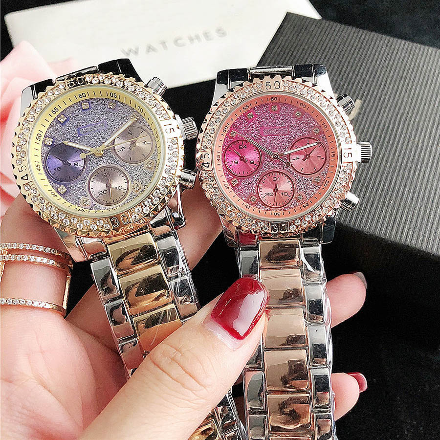 

Brand Watches Women Girl Diamond Crystal 3 Dials Style Metal Steel Band Quartz Wrist Watch GS 44, Rose gold