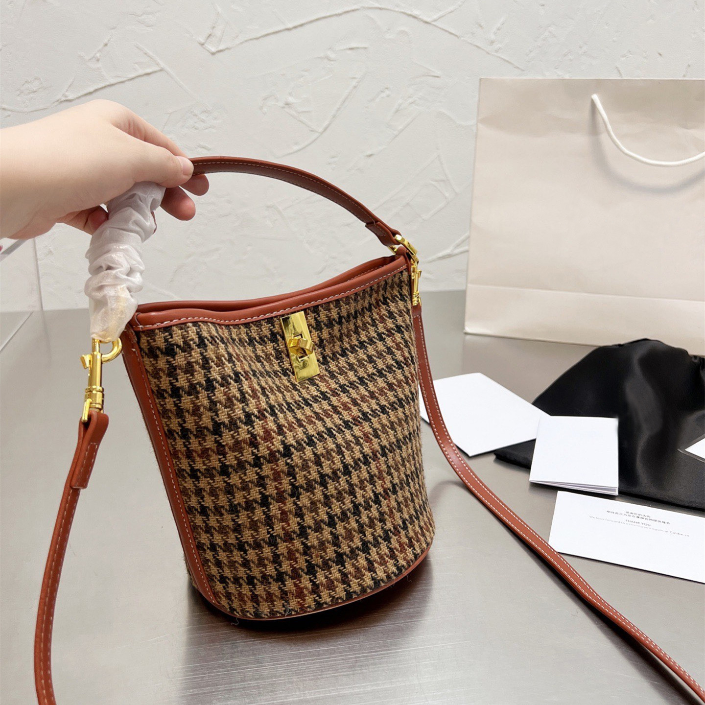 

Shoulder bag woman bags handbag high quality chain cross Body houndstooth check cloth wallet exquisite hardware perfect texture, Khaki.1