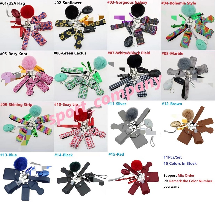 

11Pcs/Set Self Defense Keychain Set Alarm Pompom Hand Sanitizer Wrist Strap Lipstick Holder Keychains Pen Bottle Opener Woman Men Self-defense Keyring 15 Colors