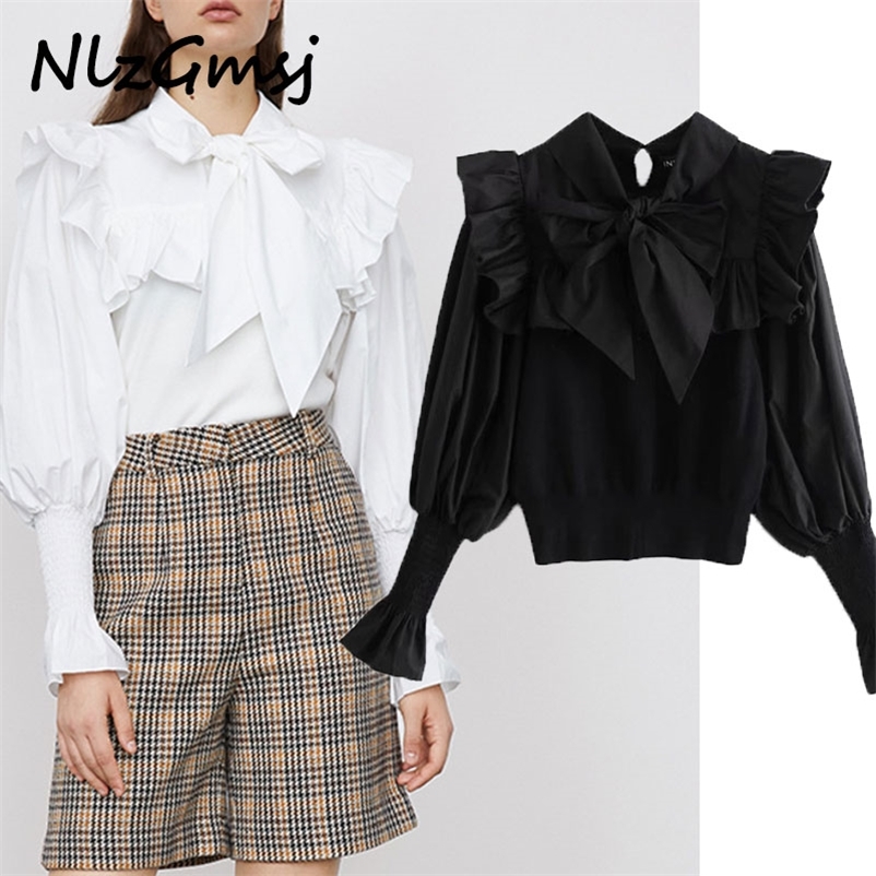 

Blouse Women Ruffle Patchwork Knit Puff Long Sleeve Top Female Spring Fashion Bow Elegant Woman Blouses 210628, White