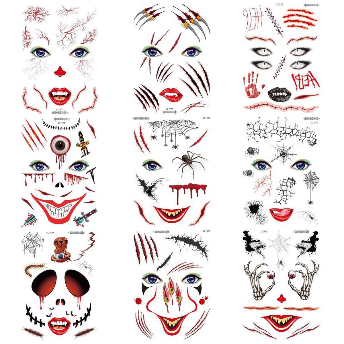 

9pcs Terror Face Scar Tattoos Stickers Bleeding Wound Stitch Temporary Tattoo Arm Body Art for Halloween Cosplay Costume Party