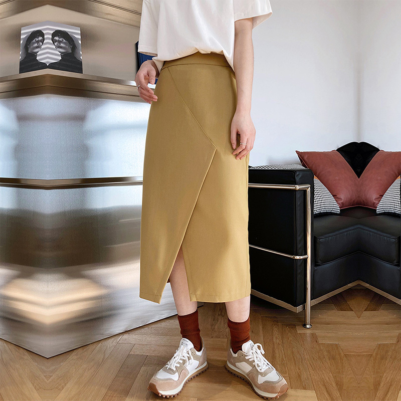 

Women's High Waist Solid Color Hip Front Slit Skirt Spring Summer Irregular Suit A-Line Long Female For Fashion 210520, Ginger