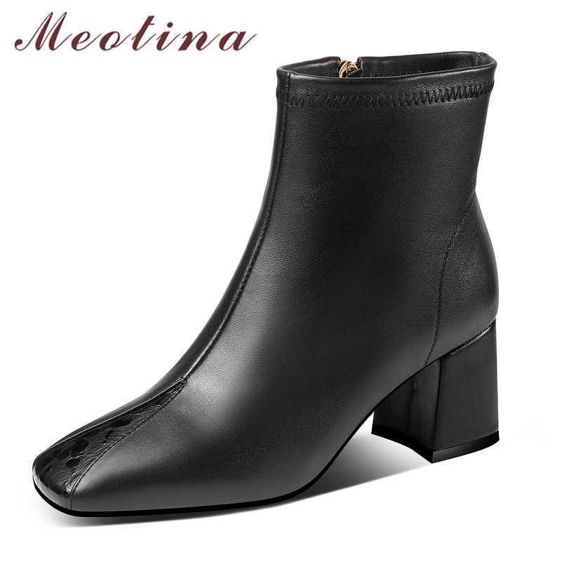 

Meotina Genuine Leather High Heel Ankle Boots Women Shoes Square Toe Thick Heels Short Boots Zipper Female Boots Winter Black 210608