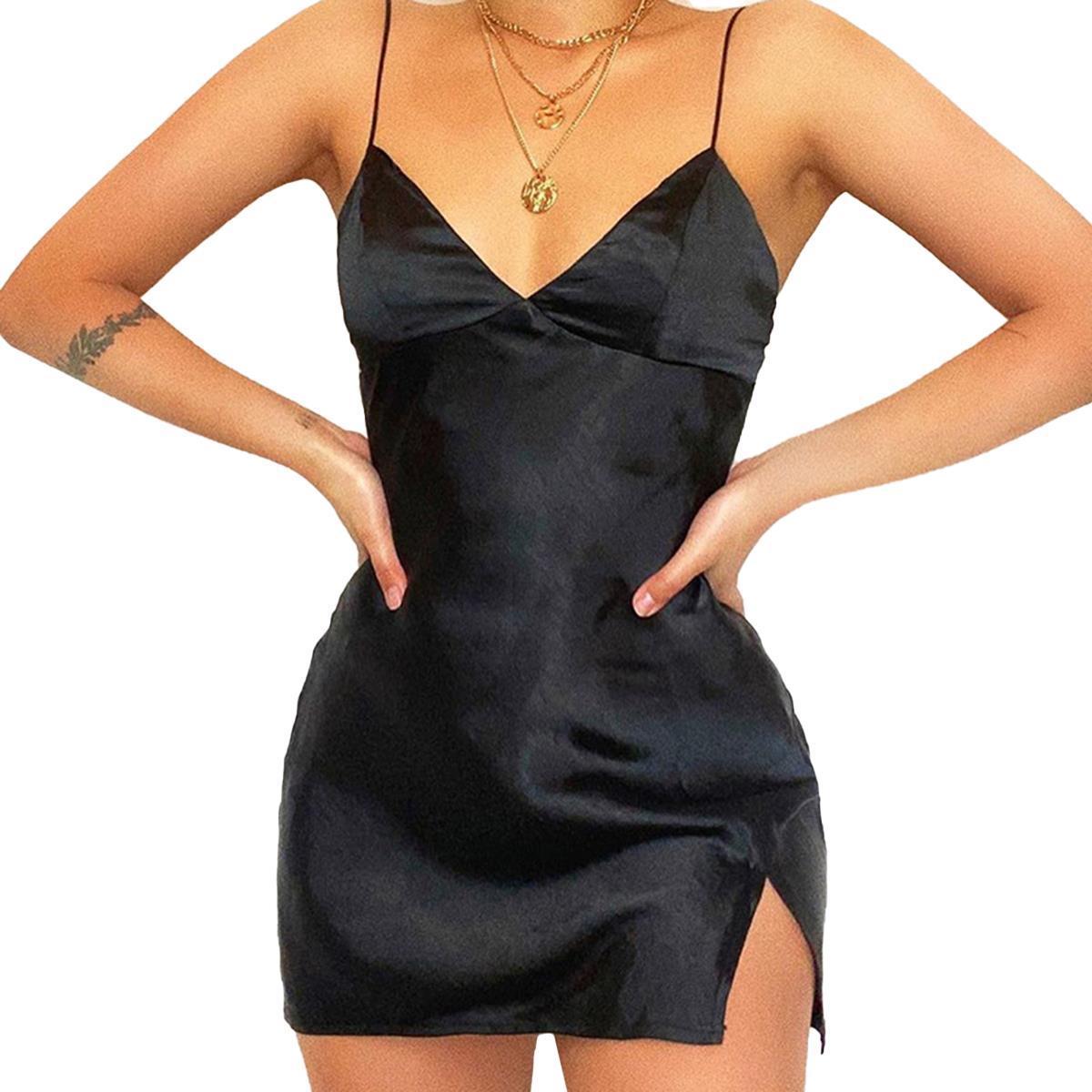 

women dress solid color polyester satin silk sling v neck slim split short casual evening party club arrival, Black;gray