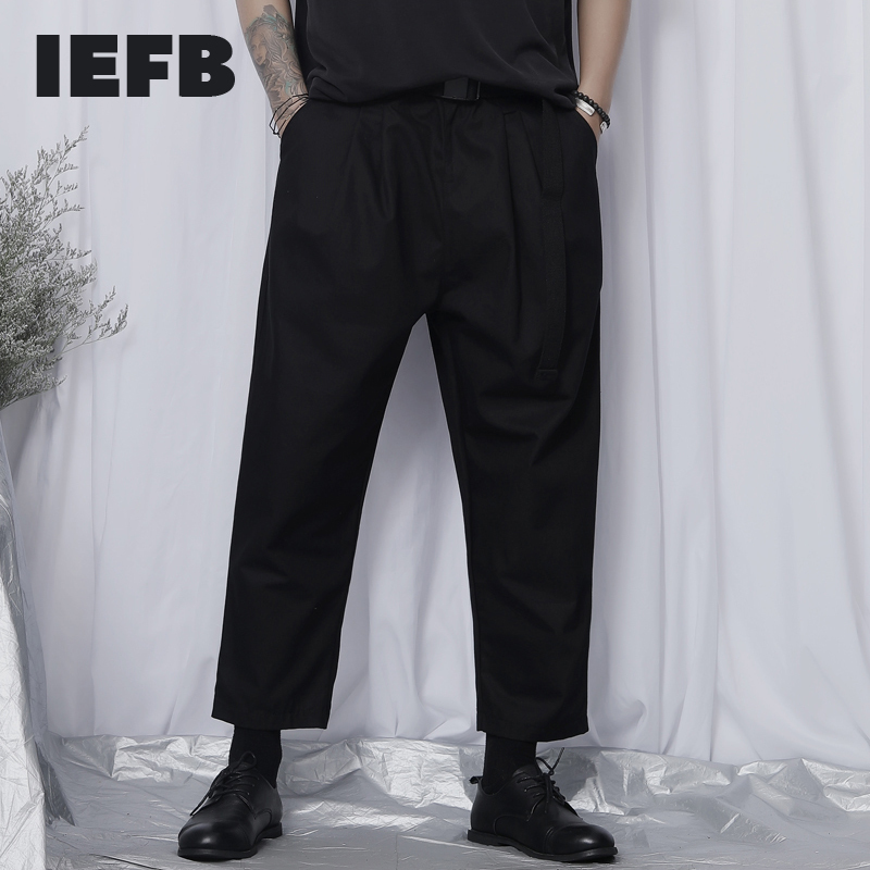 

IEFB /men's wear casual pants male's ankle-length handsome loose japan style black Harlan wide leg 9Y2526 210524, Black with belt