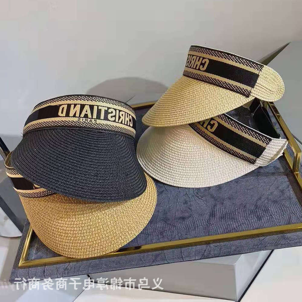 

Spring and summer letter D family empty top straw hat Korean sunscreen no travel net red woven, Blue;gray