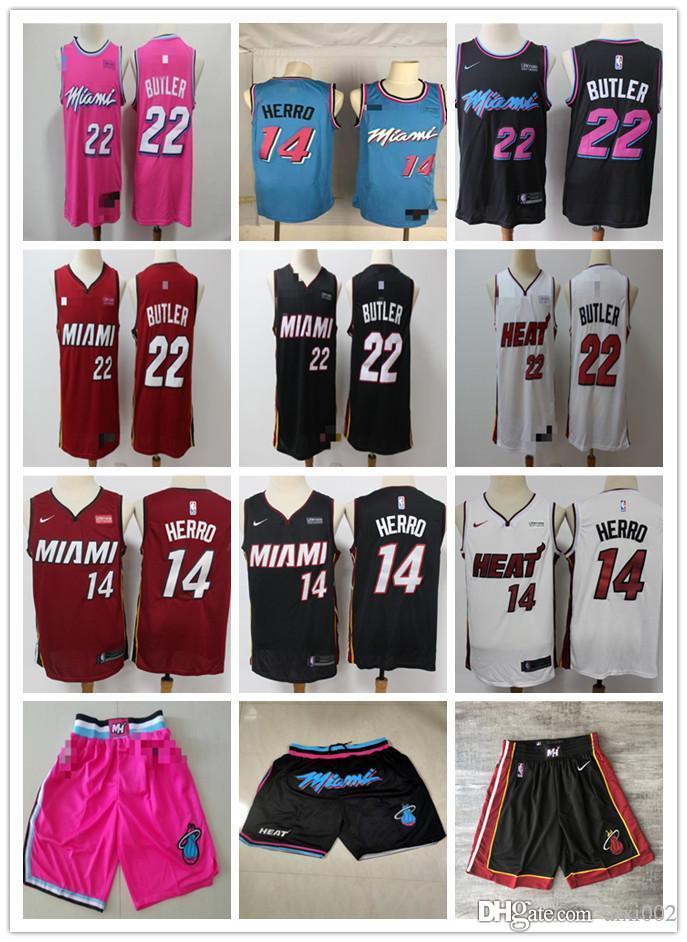 

Mens Miami Heat 14 Tyler Herro 22 Jimmy Butler Red white black blue pink Basketball Shorts Basketball Jerseys, Black;red
