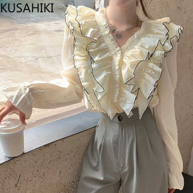 

KUSAHIKI Korean Ruffle Patchwork Women Blouse Flare Long Sleeve V-neck Shirt Spring Blusas Mujer De Moda Verano 6F419 210602, Beige