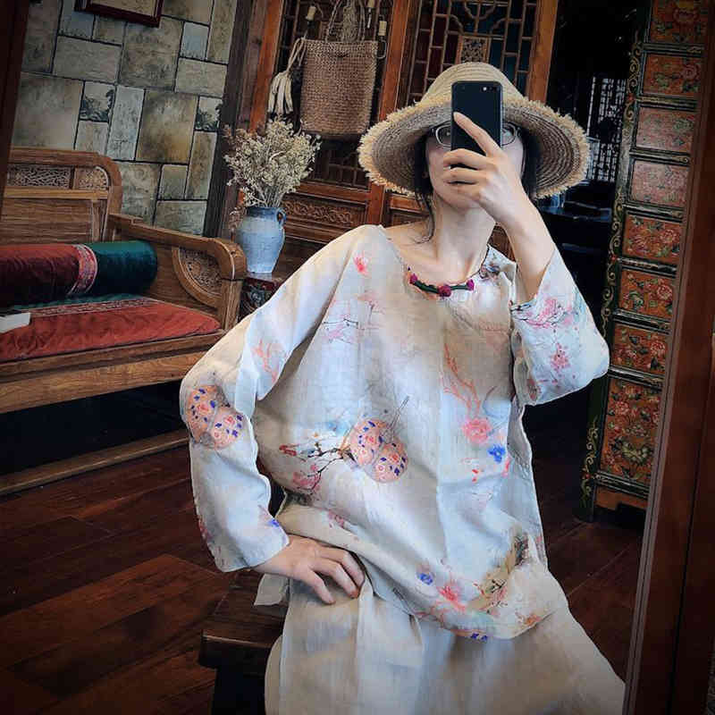 

Johnature Chinese Style Blouses Women Autumn Linen Shirts O-Neck Casual Print Flower Loose Casual Ramie Shirt Top 210521, Khaki