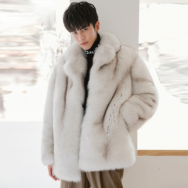 

2021 Winter Men's Faux White Fox Fur Coat Comfortable Lapel Long Sleeve High Quality, Black