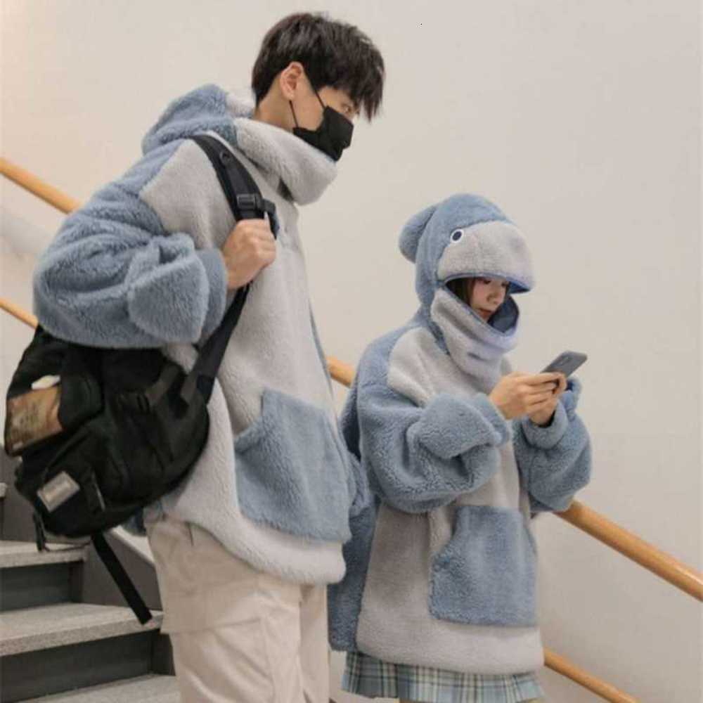 

Couple's self closing shark lamb Plush sweater men's spring and autumn western style loose coat, Black