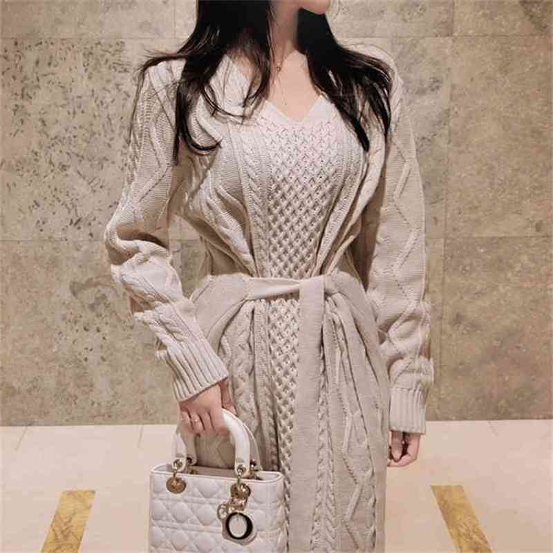 

Vintage Autumn V-neck Women Twisted Sweater Dress Chic Full Sleeve Warm Lace-up Slim Corduroy Female A-line 210603, Picture color