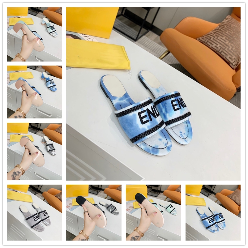 

[With box]2021 Ice princess slippers sandals blue and white striped denim flat ladies summer outdoor beach causal leather soles, Black