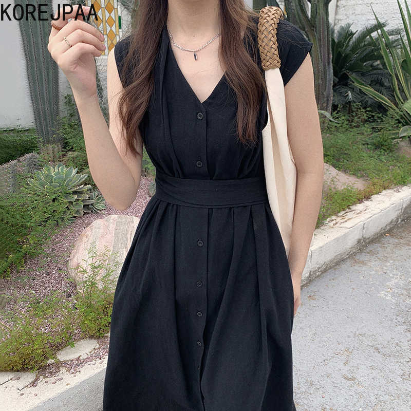 

Korejpaa Women Dress Korean Chic Simple Elegant V-neck Strap Butterfly Waist-tie Single-row Button-down Sleeveless Vestido 210526, White