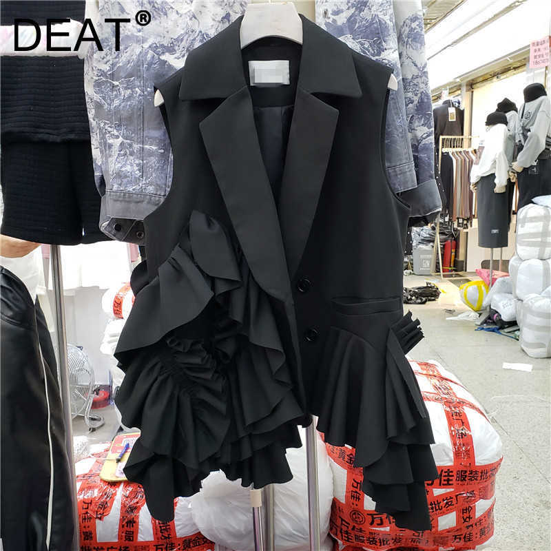 

DEAT Women Black Personality Ruffles Pleated Coat Vest Arrivals Fashion Temperament Spring Autumn 11D1994 210709