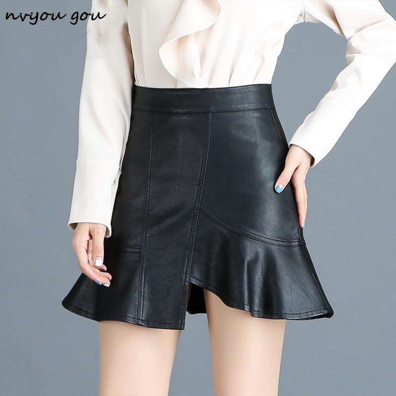 

Skirts Hanyiren Women PU Leather Mini Skirt 2021 Fashion Spring Winter A Line Black Plus Size 4XL Office Lady Casual Wear, As pic