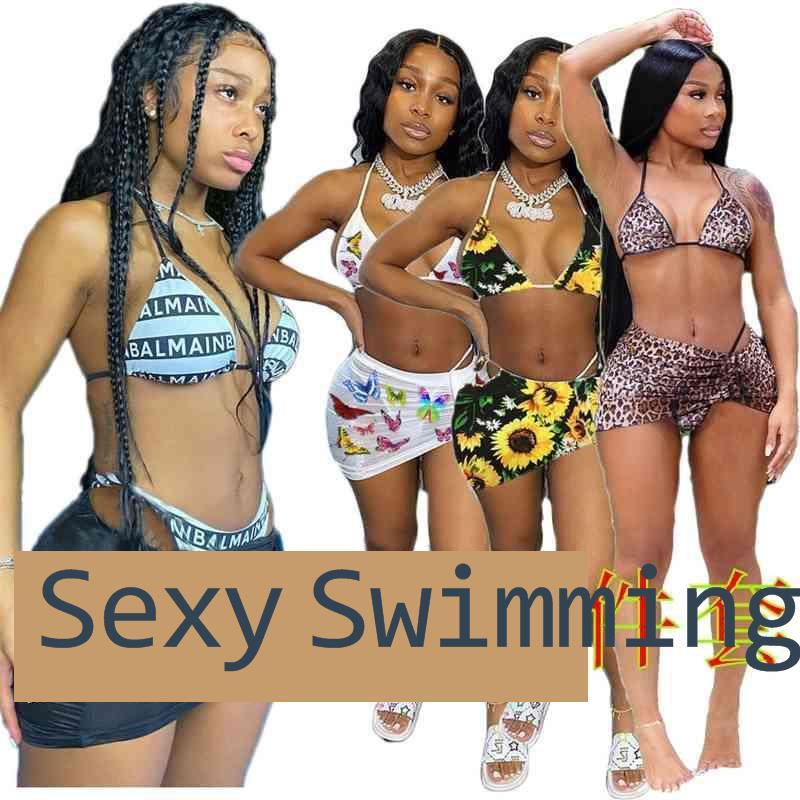 

3PCS/SET Summer women's swimwear bikini set with short shirt swim suit leopard sunflower butterfly sports shorts bikinis beachwear gG35R274, White