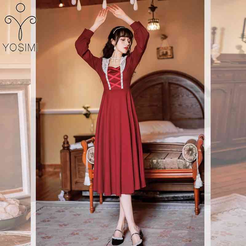 

YOSIMI Long Women Dress Spring Red Wine Patchwork White Lace Strapless Mid-calf A-line Lantern Sleeve Elegant 210604, Burgundy
