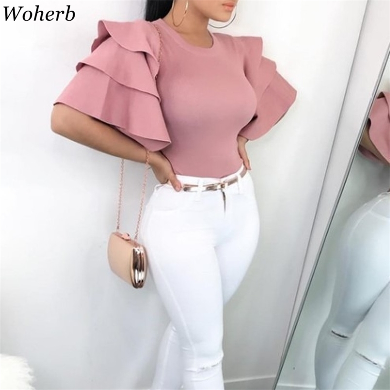 

O-neck T-shirt Women Ruffle Flying Sleeve Summer Elegant Solid Tshirts All Match Slim Stretch Korean Chic T Shirts 210519, Yellow